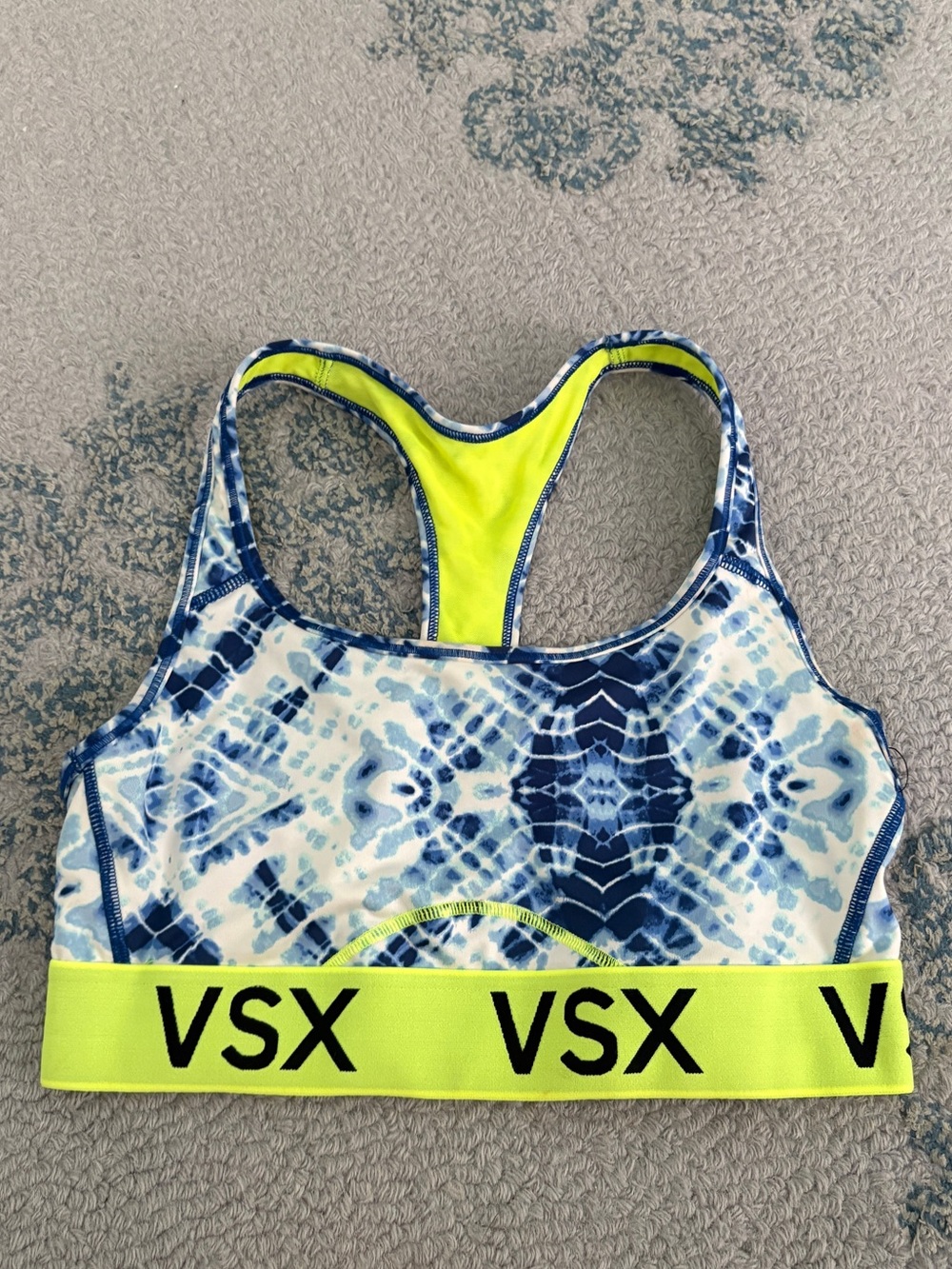 VSX Vintage Blue Tie-Dye Sports Bra with Neon Yellow Band S